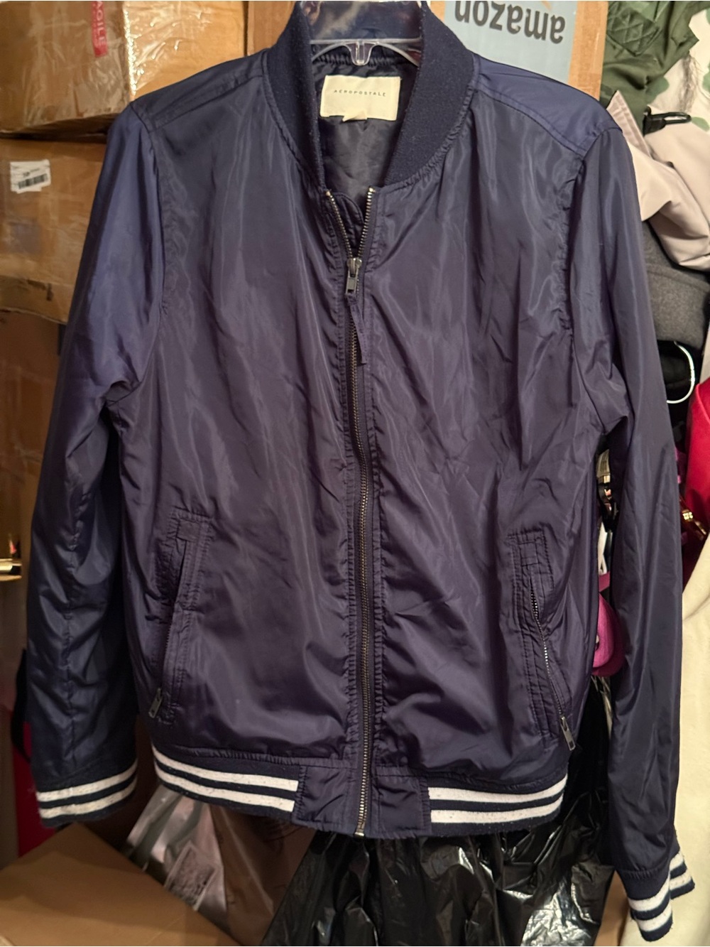 Aeropostale Navy Blue Striped Hem Bomber Jacket
